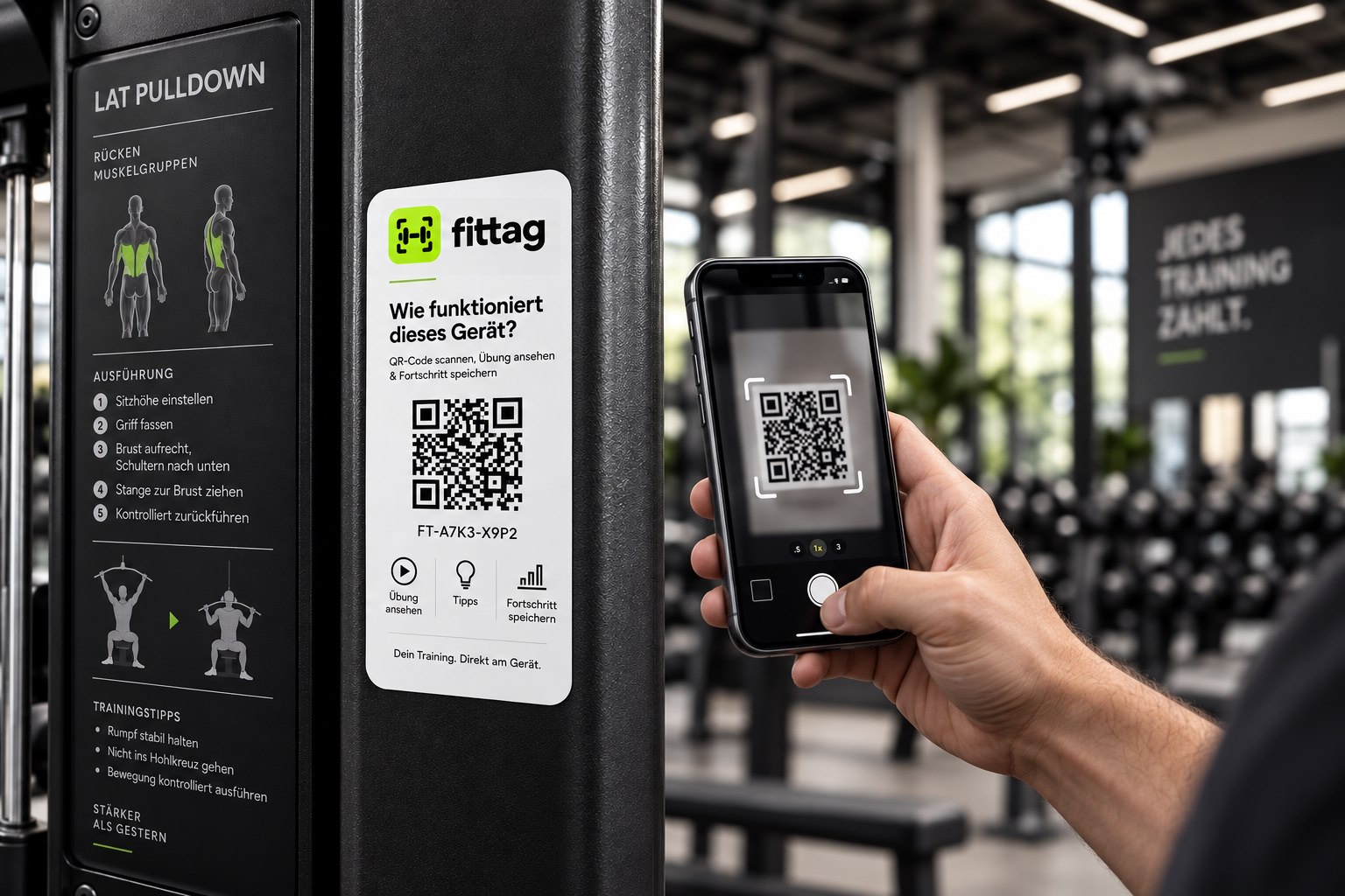 Ein Mitglied scannt einen GymDigital QR-Aufkleber an einem vorhandenen Fitnessgerät